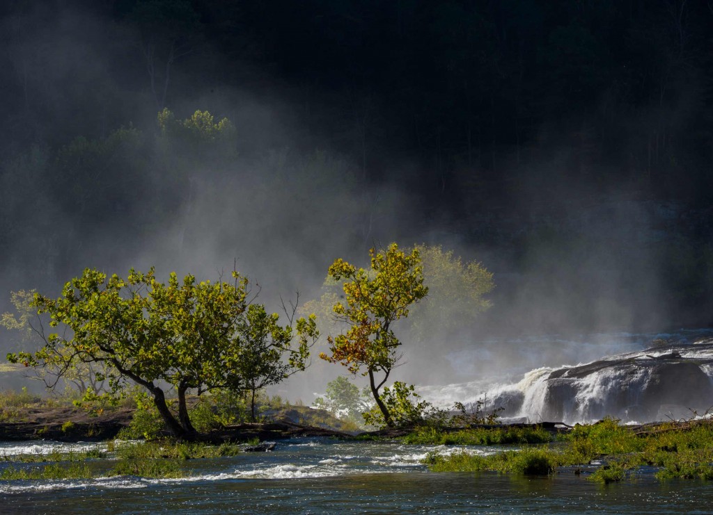Spray from sandstone falls back lit captured during my scouting trip for my photo workshop in Southern West Virginia.