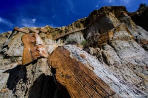 North Dakota Badlands with slanted rock.