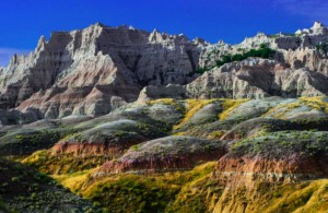 South Dakota Badlands with yellow mounds.