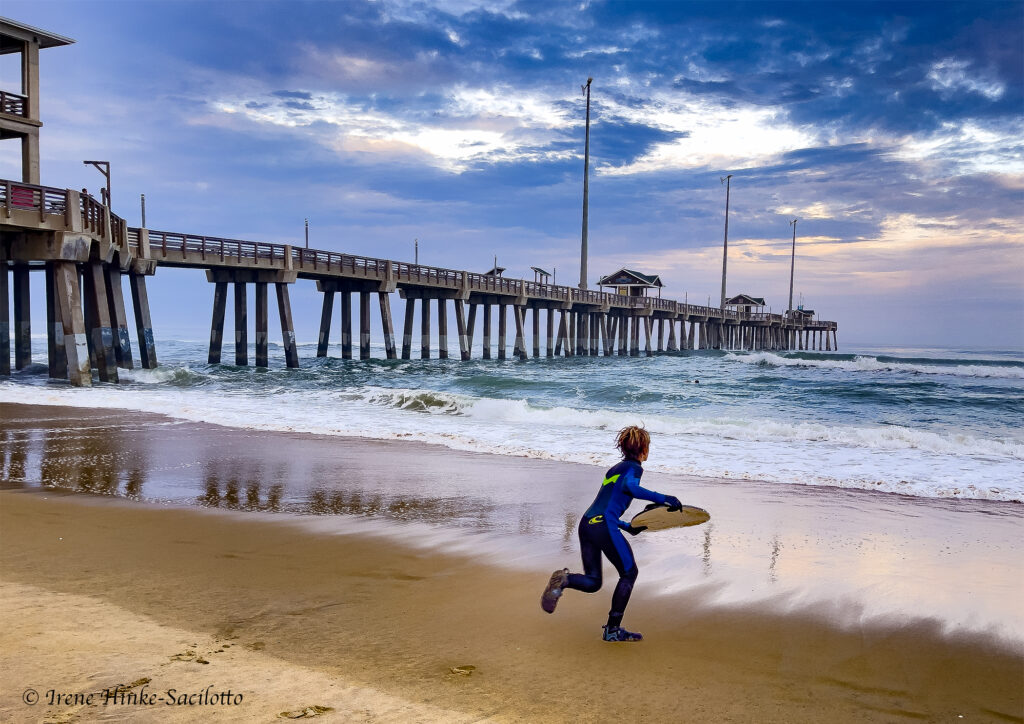 Jeanette Pier & Boy with Skimmer Board Outer Banks North Carolina